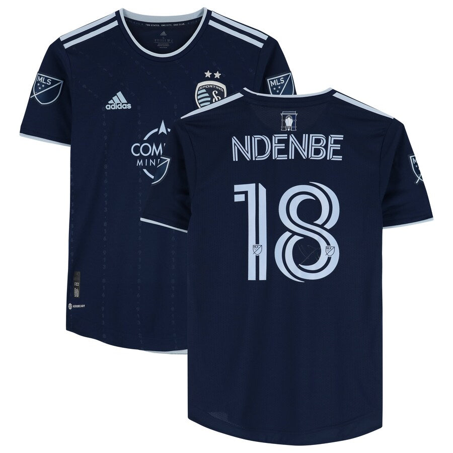 Logan Ndenbe Sporting Kansas City Autographed Match-Used #18 Navy Jersey from the 2022 MLS Season