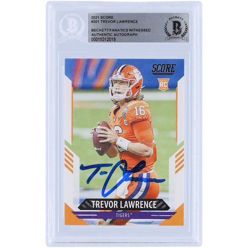 Trevor Lawrence Clemson Tigers Autographed 2021 Panini Score #301 Beckett Fanatics Witnessed Authenticated Rookie Card
