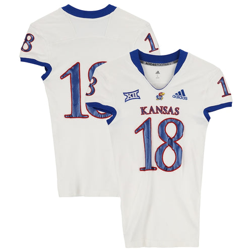 Kansas Jayhawks Team-Issued #18 White Jersey from the 2018-21 NCAA Football Seasons