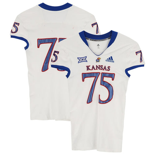 Kansas Jayhawks Team-Issued #75 White Jersey from the 2018-21 NCAA Football Seasons