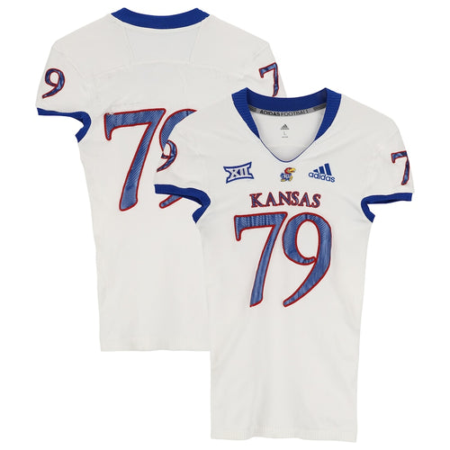 Kansas Jayhawks Team-Issued #79 White Jersey from the 2018-21 NCAA Football Seasons