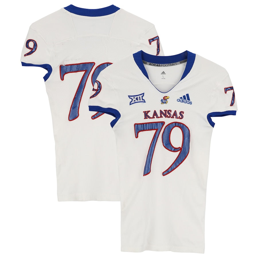 Kansas Jayhawks Team-Issued #79 White Jersey from the 2018-21 NCAA Football Seasons