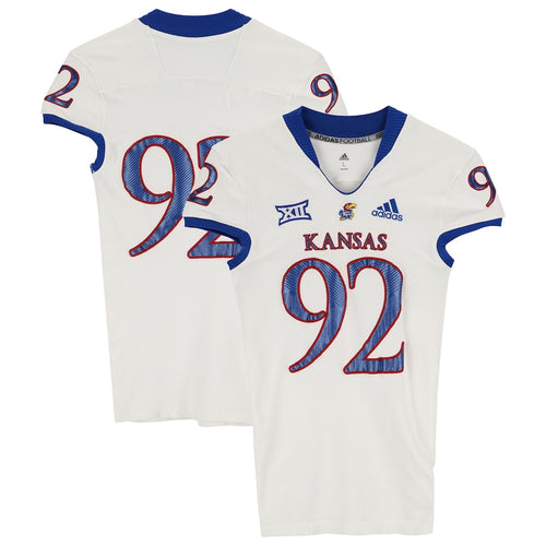 Kansas Jayhawks Team-Issued #92 White Jersey from the 2018-21 NCAA Football Seasons