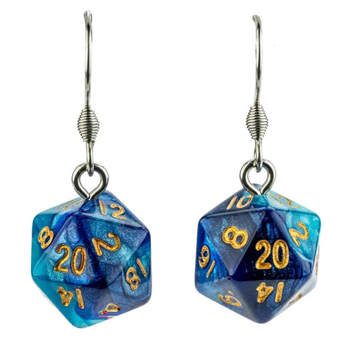 Fanroll: Lair Wear: D20 Dice Earrings: Blue And Light Blue With Gold Pre-Order