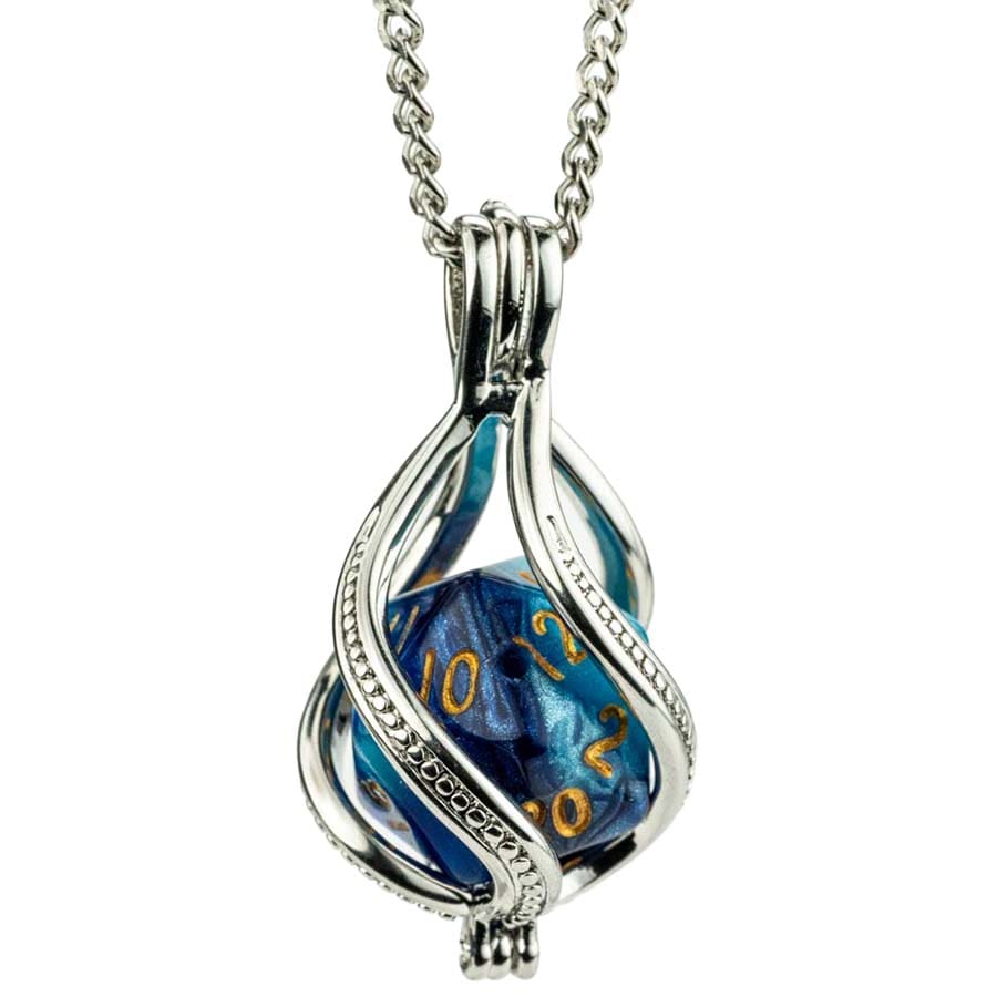 Fanroll: Lair Wear: D20 Caged Dice Necklace: Blue And Light Blue With Gold Pre-Order