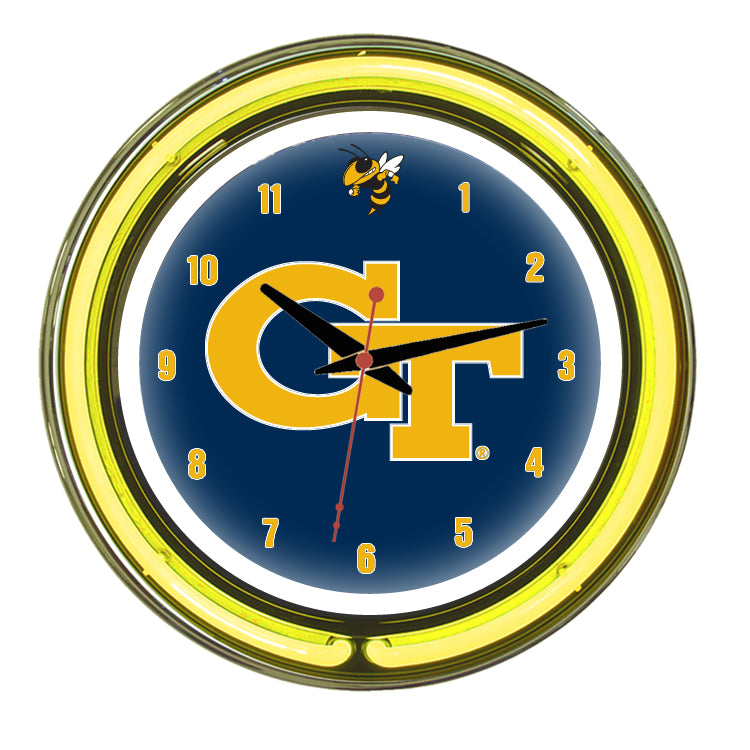 GEORGIA TECH NEON WALL CLOCK - 14'' NAVY BLUE FACE / YELLOW NEON - GATNWC100-14