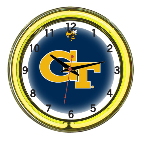 GEORGIA TECH NEON WALL CLOCK - 18'' NAVY BLUE FACE / YELLOW NEON - GATNWC100-18