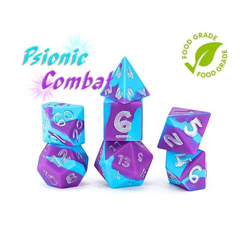 Gate Keeper Games -  Anti-Stress Dice: Psionic Combat: Violet Purple And Cyan Blue Silicone Swirled: 7Ct Silicone Dice