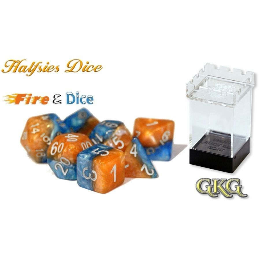 Gate Keeper Games -  Halfsies Dice: Fire & Dice 7 Dice Polyhedral Set (Upgraded Dice Case)