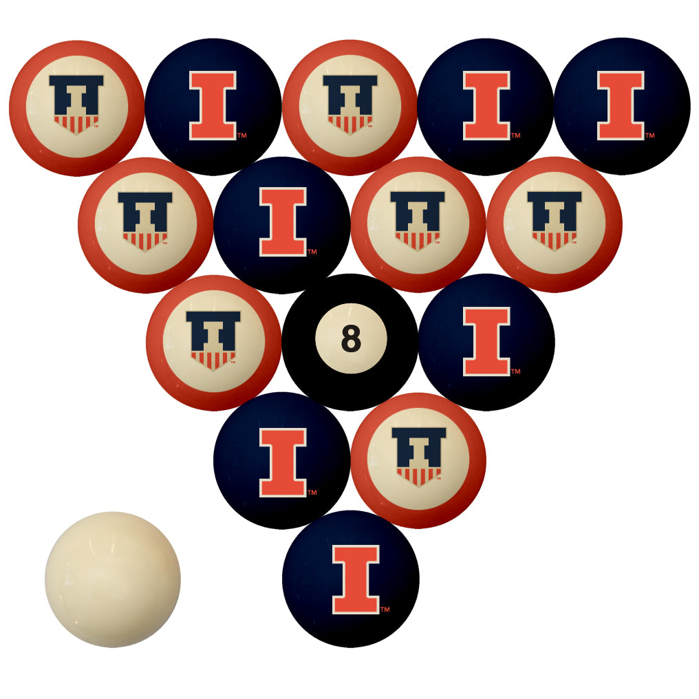 ILLINOIS SCHOOL COLOR NUMBERED BILLIARD BALL SET BLUE SOLID/ORANGE STRIPE - ILLBBS200N