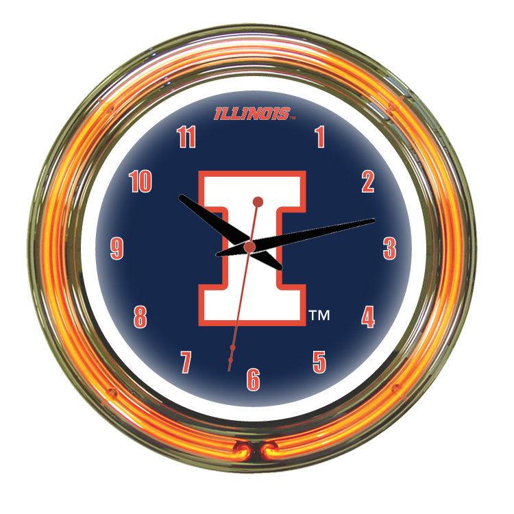 ILLINOIS NEON WALL CLOCK - 14'' BLUE FACE / ORANGE NEON - ILLNWC200-14