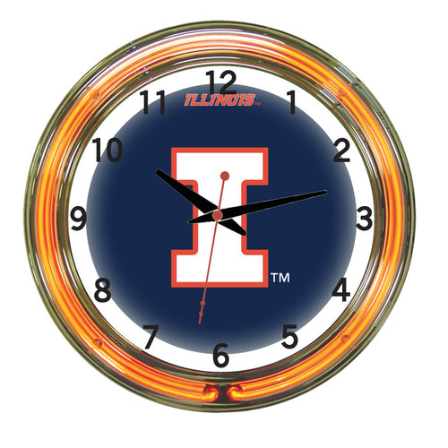 ILLINOIS NEON WALL CLOCK - 18'' BLUE FACE / ORANGE NEON - ILLNWC200-18