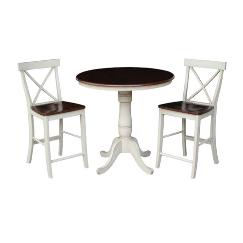 International Concepts K12-36RT-6B-32 36 in. Round Pedestal Gathering Height Table With 2 X-Back Counter Height Stools -3 Piece Set - Almond