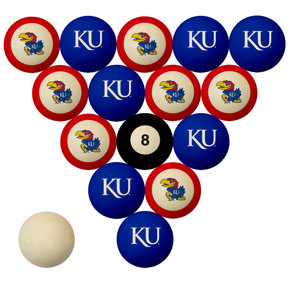 KANSAS SCHOOL COLOR NUMBERED BILLIARD BALL SET BLUE SOLID/RED STRIPE - KANBBS100N