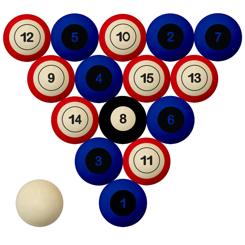 KANSAS SCHOOL COLOR NUMBERED BILLIARD BALL SET BLUE SOLID/RED STRIPE - KANBBS100N