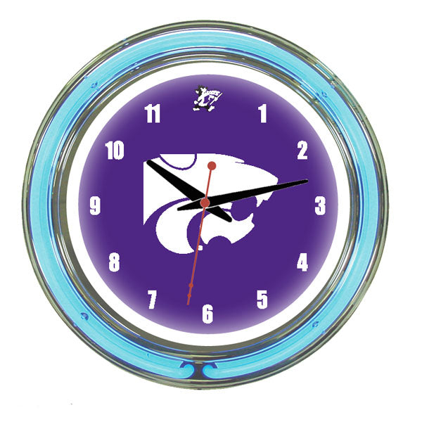KANSAS STATE NEON WALL CLOCK - 14'' PURPLE FACE / BLUE NEON - KSUNWC100-14
