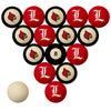 LOUISVILLE SCHOOL COLOR NUMBERED BILLIARD BALL SET RED SOLID/BLACK STRIPE - LOUBBS200N