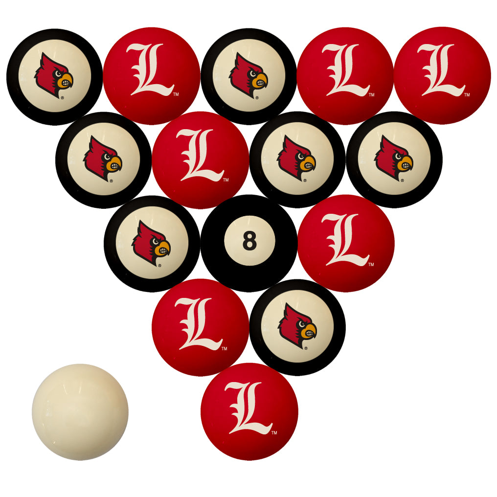 LOUISVILLE SCHOOL COLOR NUMBERED BILLIARD BALL SET RED SOLID/BLACK STRIPE - LOUBBS200N