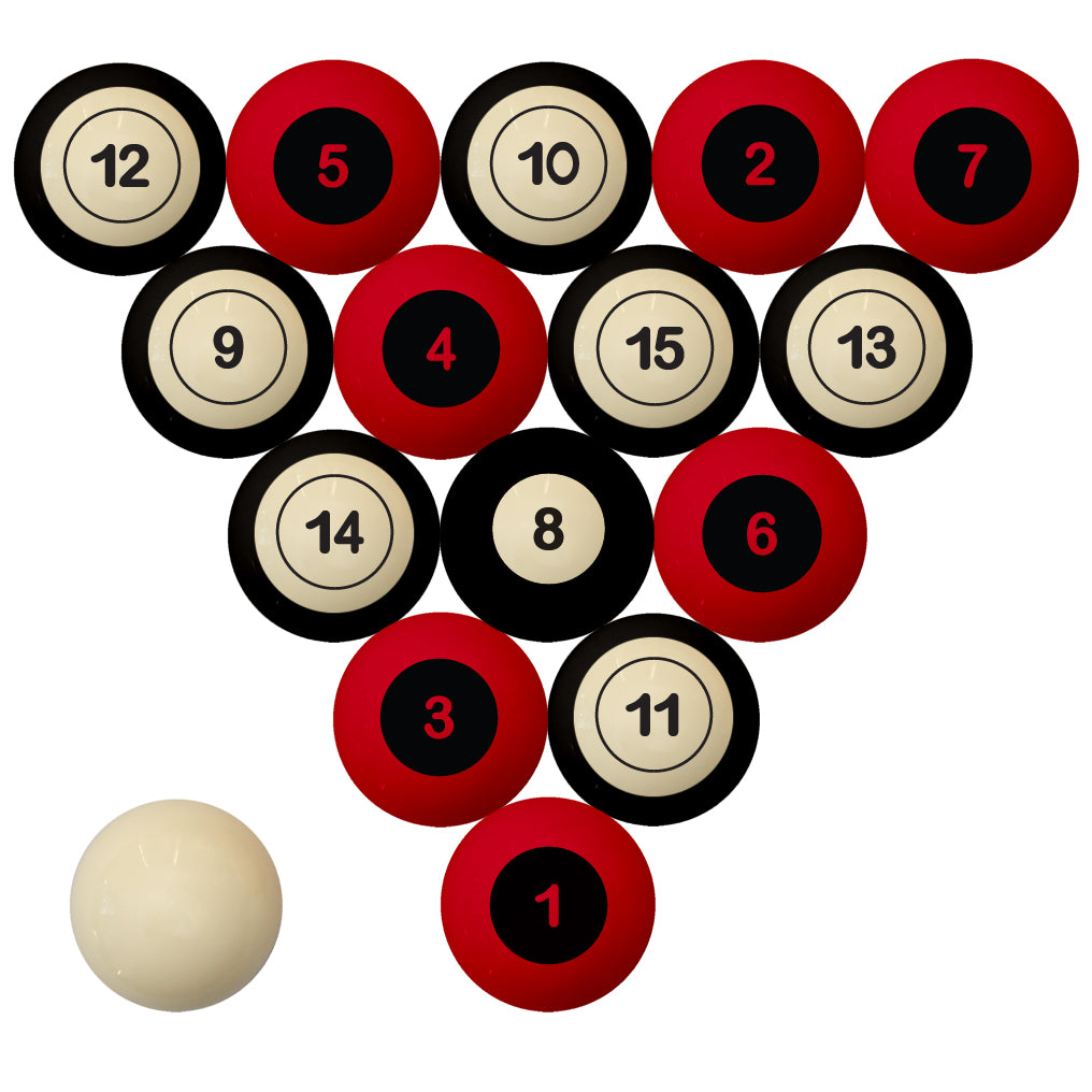 LOUISVILLE SCHOOL COLOR NUMBERED BILLIARD BALL SET RED SOLID/BLACK STRIPE - LOUBBS200N