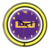 LOUISIANA STATE NEON WALL CLOCK - 14'' PURPLE FACE / YELLOW NEON - LSUNWC200-14