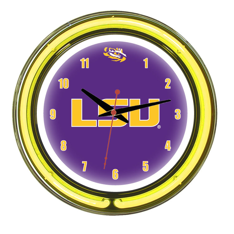 LOUISIANA STATE NEON WALL CLOCK - 14'' PURPLE FACE / YELLOW NEON - LSUNWC200-14