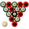 MIAMI SCHOOL COLOR NUMBERED BILLIARD BALL SET ORANGE SOLID/GREEN STRIPE - MIABBS100N