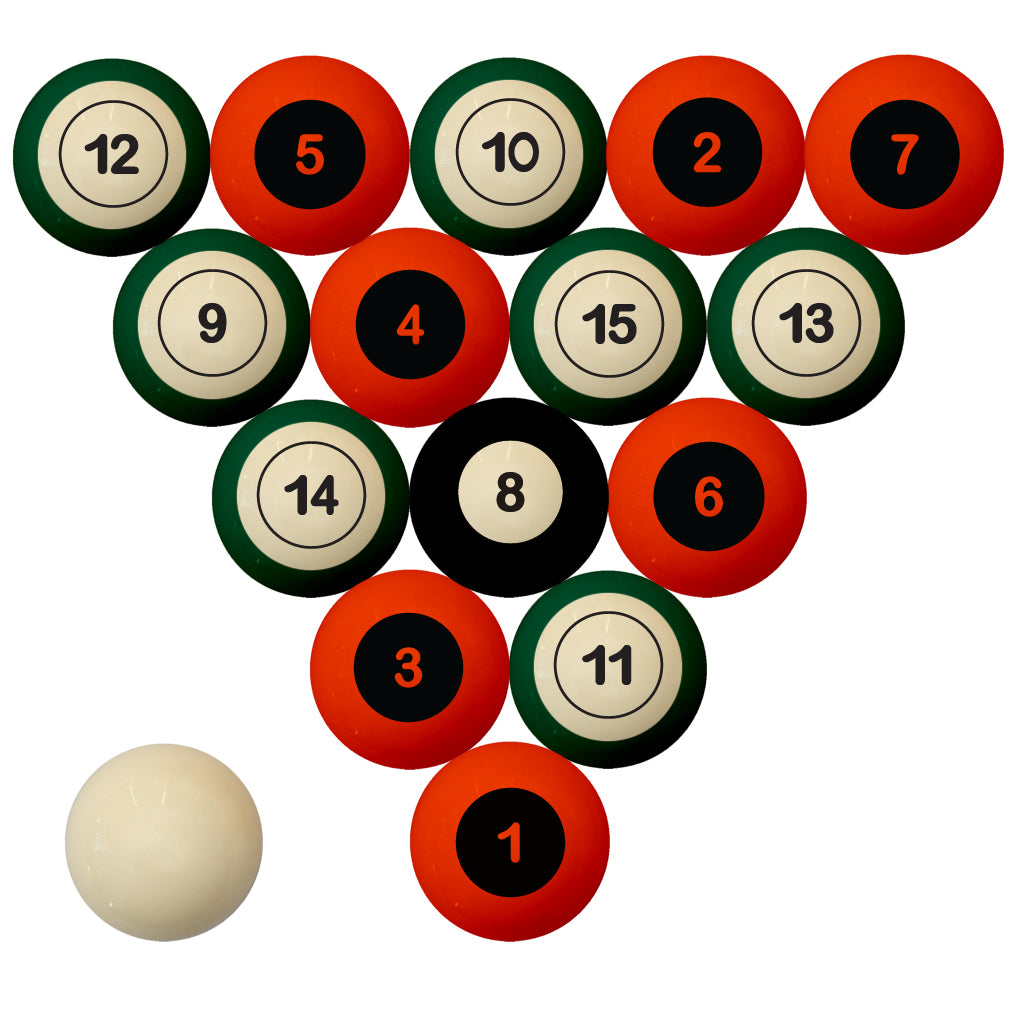 MIAMI SCHOOL COLOR NUMBERED BILLIARD BALL SET ORANGE SOLID/GREEN STRIPE - MIABBS100N