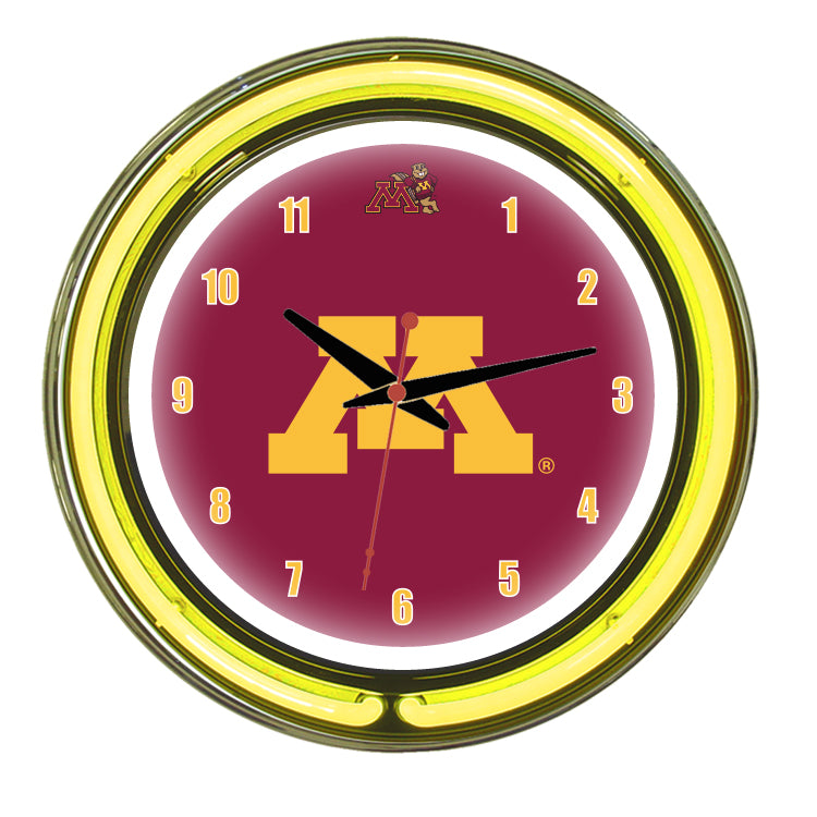 MINNESOTA NEON WALL CLOCK - 14'' MAROON/YELLOW NEON - MINNWC100-14
