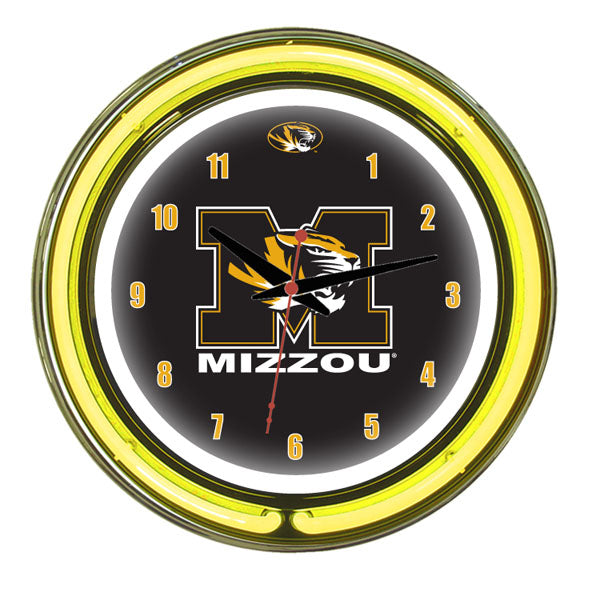 MIZZOU NEON WALL CLOCK - 14'' BLACK FACE / YELLOW NEON - MIZNWC100-14