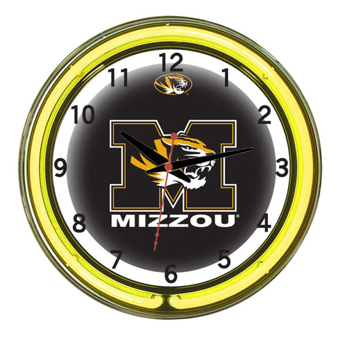 MIZZOU NEON WALL CLOCK - 18'' BLACK FACE / YELLOW NEON - MIZNWC100-18