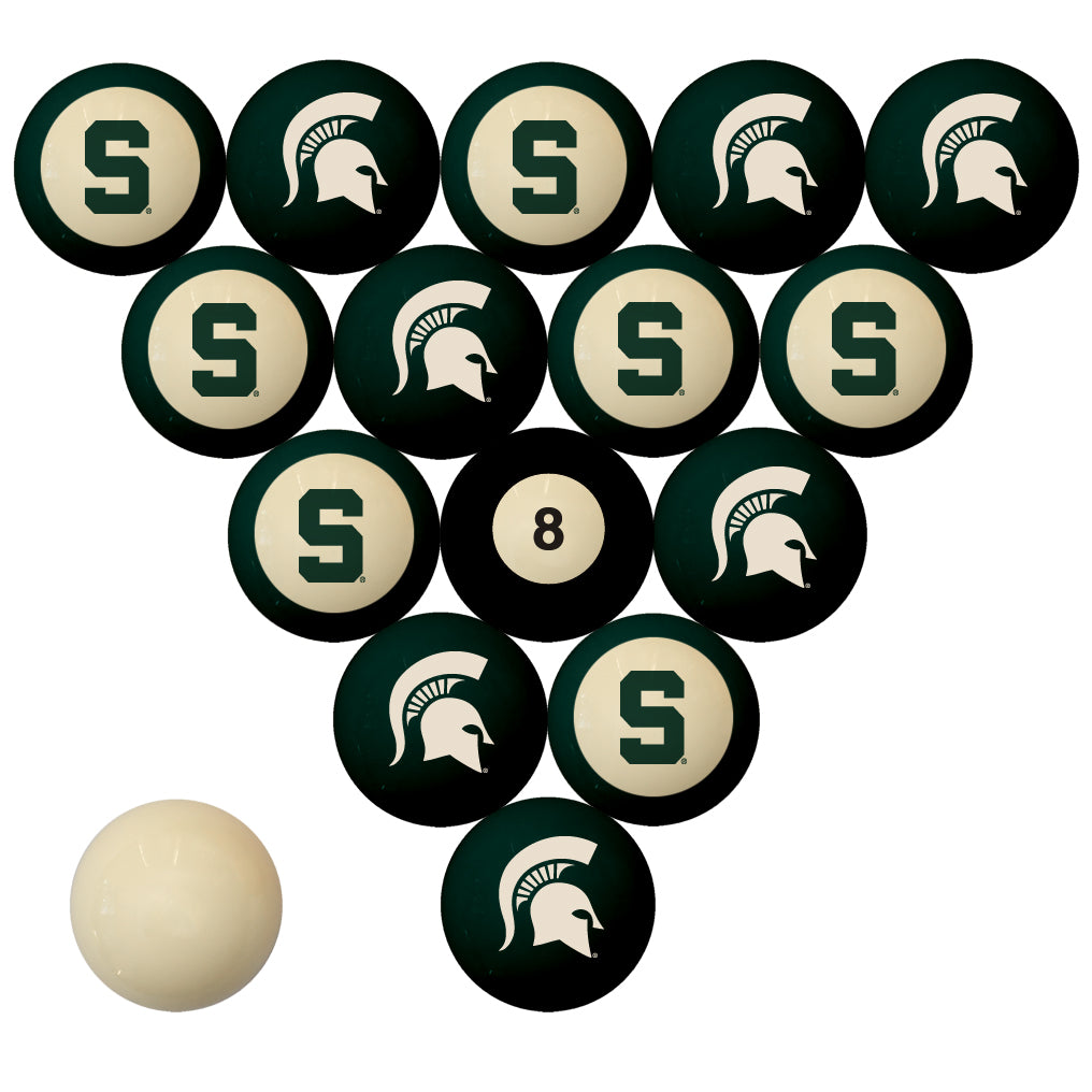 MICHIGAN STATE SCHOOL COLOR NUMBERED BILLIARD BALL SET GREEN SOLID/GREEN STRIPE - MSUBBS100N