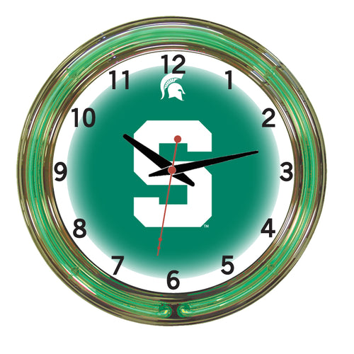 MICHIGAN STATE NEON WALL CLOCK - 18'' GREEN FACE / GREEN NEON - MSUNWC100-18