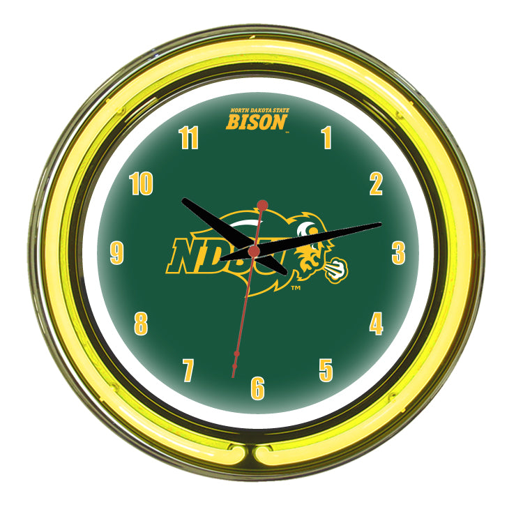 NORTH DAKOTA STATE NEON WALL CLOCK - 14'' GREEN/YELLOW NEON - NDSNWC100-14