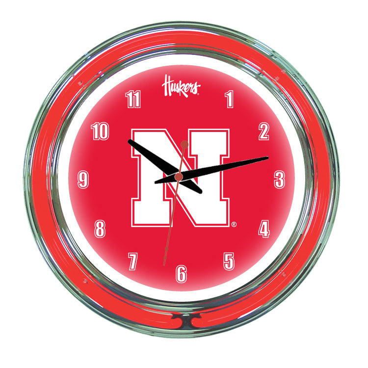 NEBRASKA NEON WALL CLOCK - 14'' RED FACE / RED NEON - NEBNWC300-14