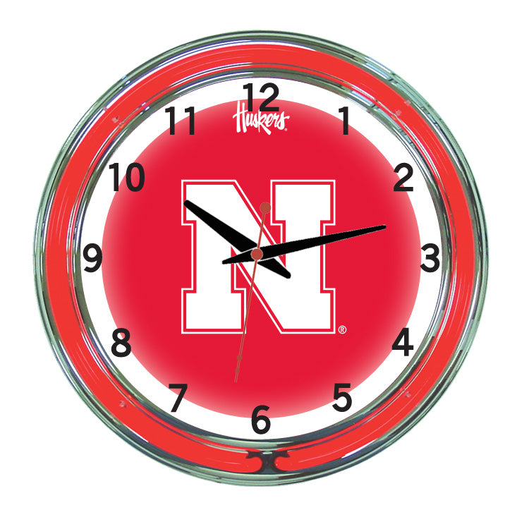 NEBRASKA NEON WALL CLOCK - 18'' RED FACE / RED NEON - NEBNWC300-18