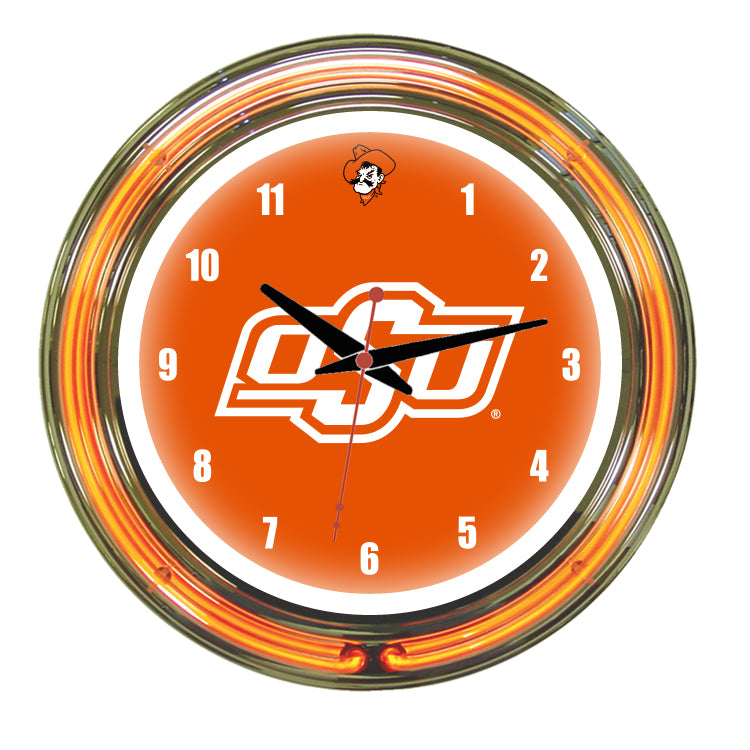 OKLAHOMA STATE NEON WALL CLOCK - 14'' ORANGE FACE / ORANGE NEON - OKSNWC200-14