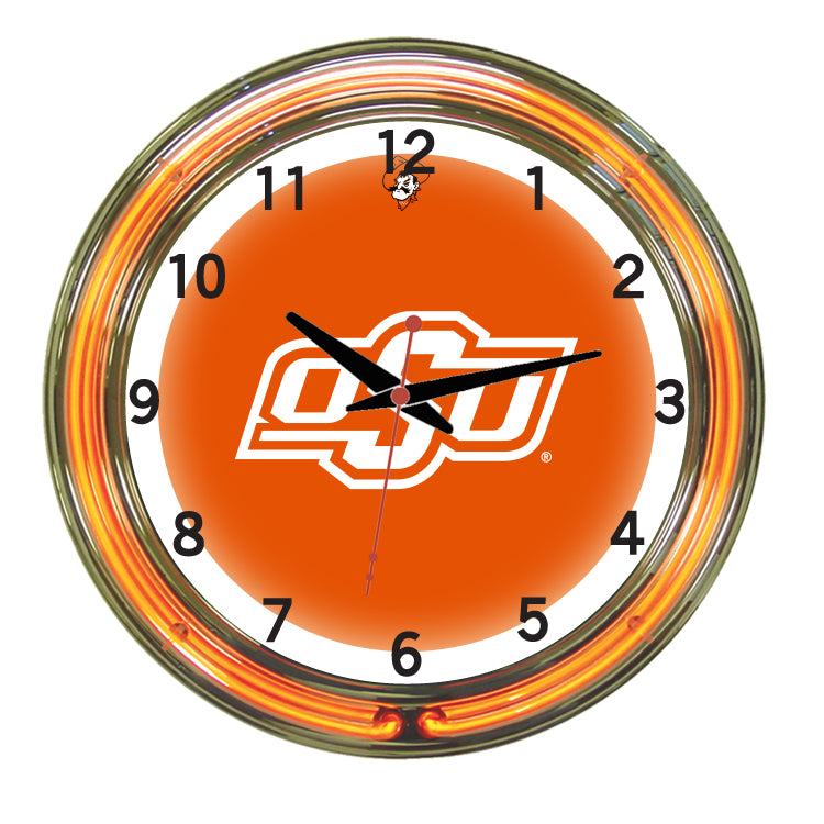 OKLAHOMA STATE NEON WALL CLOCK - 18'' ORANGE FACE / ORANGE NEON - OKSNWC200-18