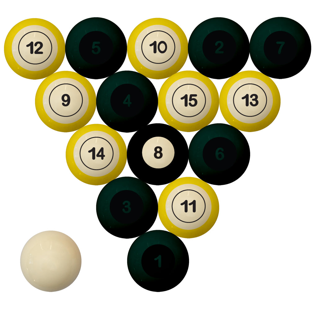 OREGON SCHOOL COLOR NUMBERED BILLIARD BALL SET GREEN SOLID/GOLD STRIPE - OREBBS100N