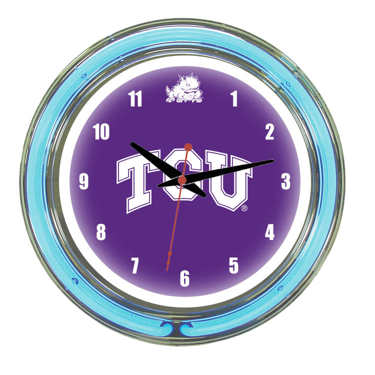 TCU NEON WALL CLOCK - 14'' PURPLE FACE / BLUE NEON - TCUNWC100-14