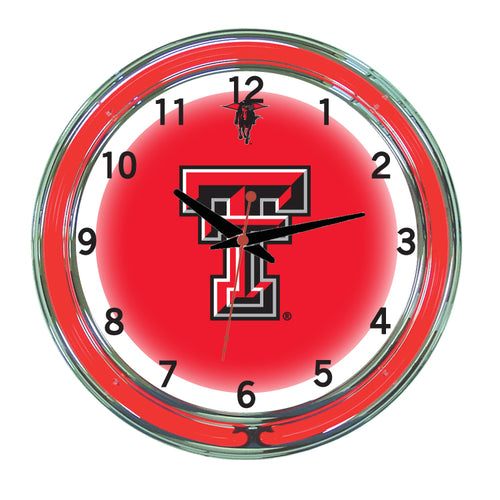 TEXAS TECH NEON WALL CLOCK - 18'' RED FACE / RED NEON - TXTNWC100-18