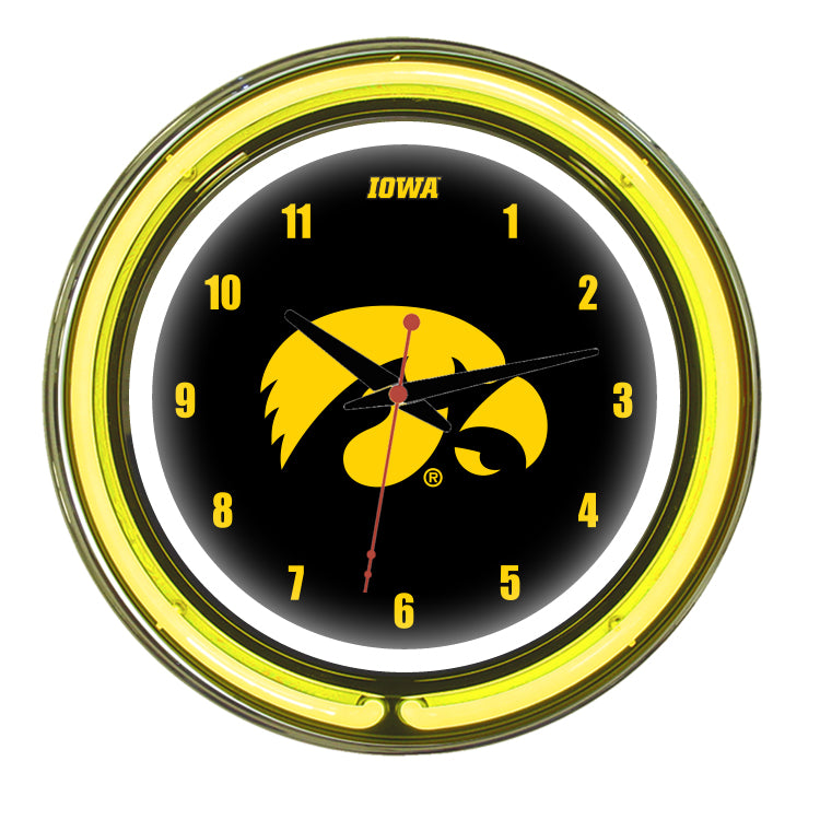 IOWA NEON WALL CLOCK - 14'' BLACK FACE / YELLOW NEON - UIANWC100-14