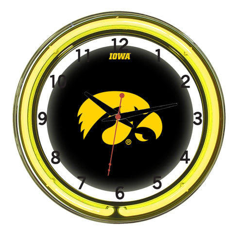 IOWA NEON WALL CLOCK - 18'' BLACK FACE / YELLOW NEON - UIANWC100-18