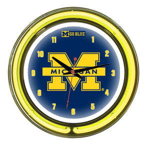 MICHIGAN NEON WALL CLOCK - 14'' BLUE FACE / YELLOW NEON - UMINWC100-14