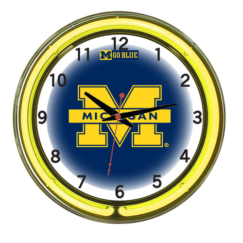 MICHIGAN NEON WALL CLOCK - 18'' BLUE FACE / YELLOW NEON - UMINWC100-18