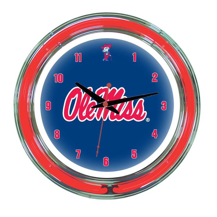 MISSISSIPPI   NEON WALL CLOCK - 14'' NAVY BLUE FACE / RED NEON - UMSNWC100-14