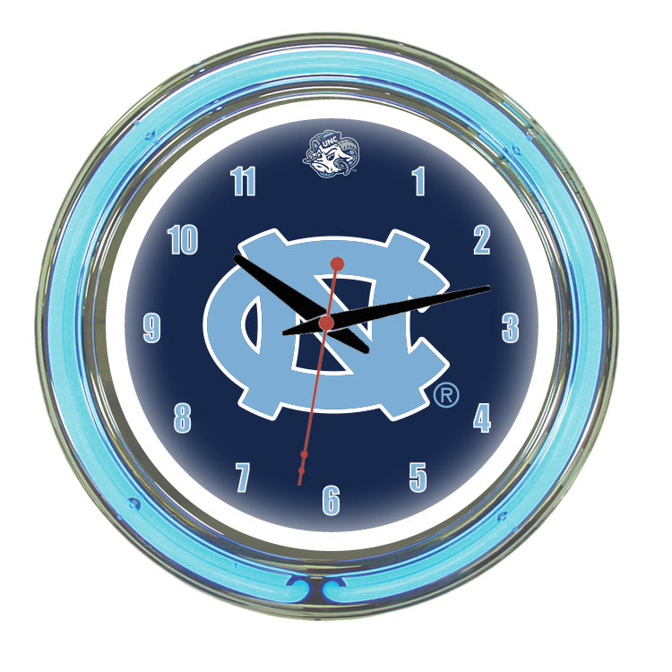NORTH CAROLINA NEON WALL CLOCK - 14'' NAVY BLUE FACE / BLUE NEON - UNCNWC300-14