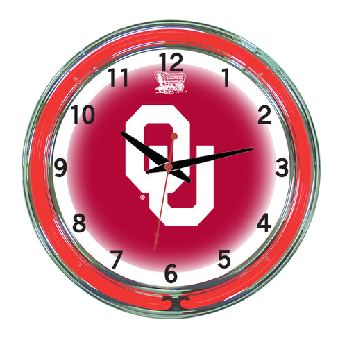 OKLAHOMA NEON WALL CLOCK - 18'' CRIMSON FACE / RED NEON - UOKNWC100-18