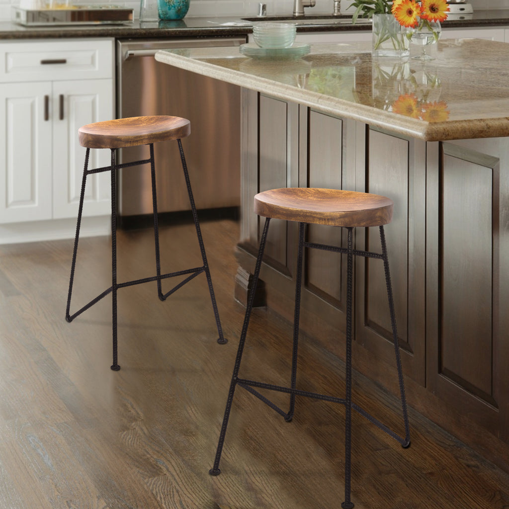 28 Inch Bar Stool with Mango Wood Saddle Seat Iron Rod Legs Brown and Black UPT-183797 - The Urban Port