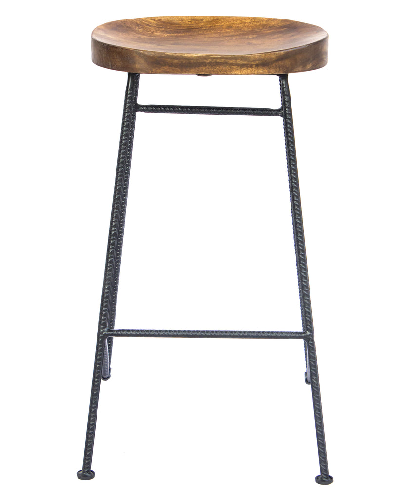 28 Inch Bar Stool with Mango Wood Saddle Seat Iron Rod Legs Brown and Black UPT-183797 - The Urban Port
