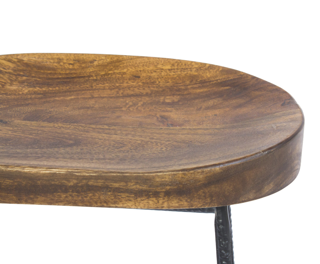 28 Inch Bar Stool with Mango Wood Saddle Seat Iron Rod Legs Brown and Black UPT-183797 - The Urban Port